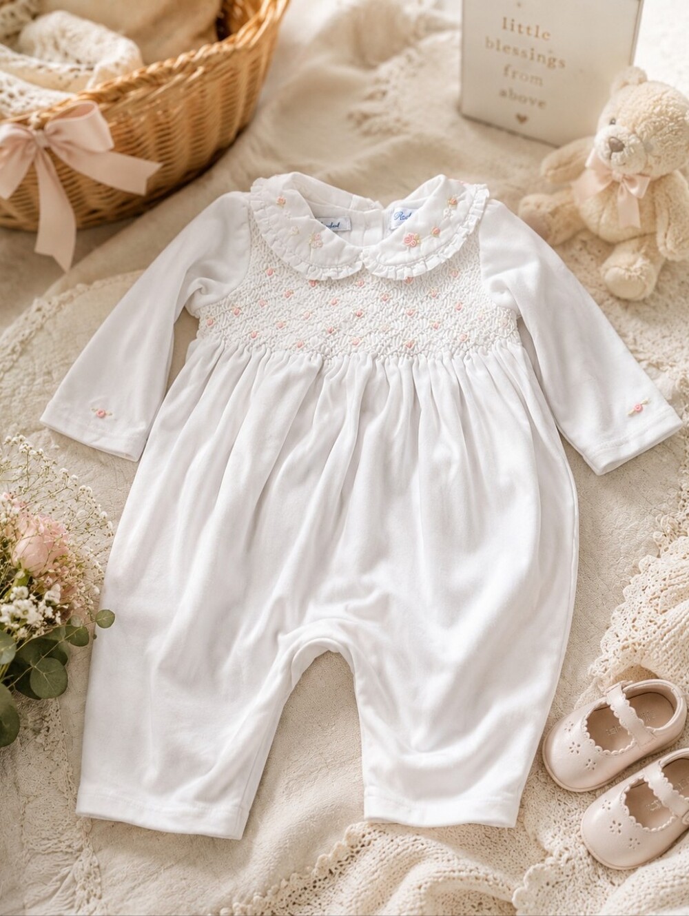 Ralph Lauren Baby Smocked Floral Collar Romper 3M Heirloom One Piece - Picture 2 of 7